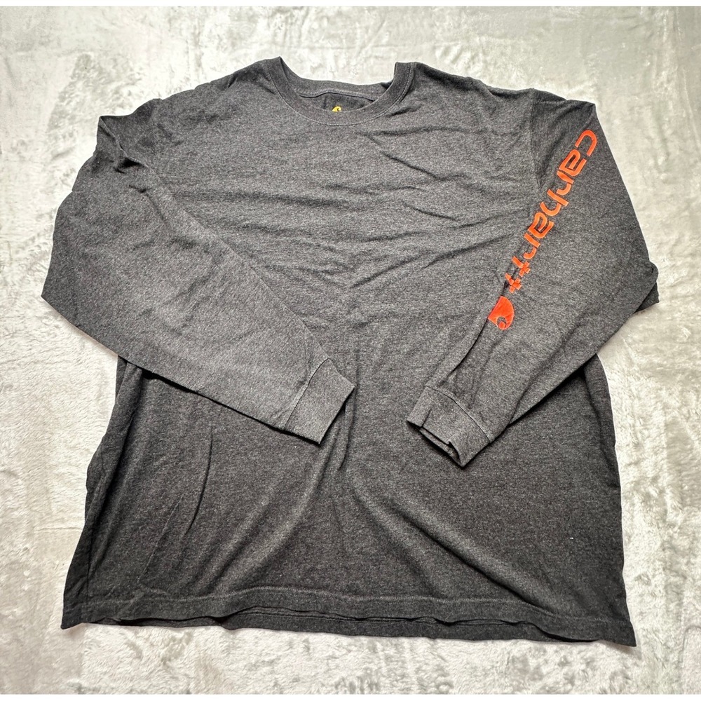 Carhartt Mens Long Sleeve T Shirt Gray Orange Logo Original Fit 2XL